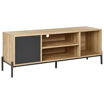 Tv Stand Light Wood And Grey Mdf Paper Finish 1 Cabinet 2 Open Shelves Low Board Storage Beliani