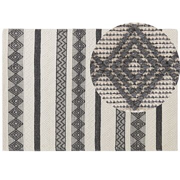 Area Rug Beige And Grey Wool Polyester 160 X 230 Cm Hand Woven Geometric Pattern Boho Living Room Bedroom Beliani