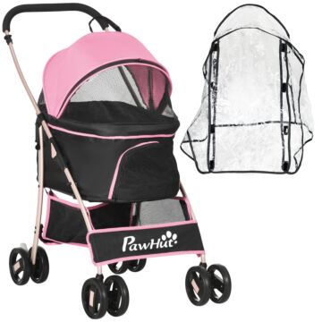 Pawhut Detachable Pet Stroller With Rain Cover, 3 In 1 Cat Dog Pushchair, Foldable Carrying Bag W/ Universal Wheels, Brake, Canopy, Basket, Storage Bag For Small And Tiny Dogs - Pink