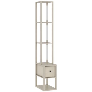 Homcom Floor Lamp With Shelves, Led Column Modern Standing Lamp With Fabric Drawer, Adjustable Brightness, Foot Switch For Living Room, Bedroom, Office, Oak