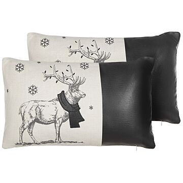 Set Of 2 Scatter Cushions Black Polyester Fabric 30 X 50 Cm Reindeer Print Off-white Background With Filing Beliani