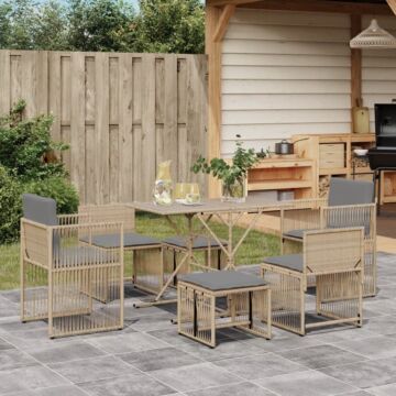 Vidaxl 7 Piece Garden Dining Set With Cushions Beige Poly Rattan