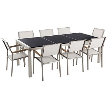 Garden Dining Set White With Black Granite Table Top 8 Seats 220 X 100 Cm Triple Plate Beliani