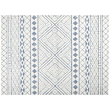 Area Rug White And Blue Polyester Cotton Backing 300 X 400 Cm Decorative Floor Mat Modern Design Living Room Bedroom Beliani