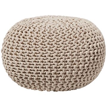 Pouf Ottoman Beige Knitted Cotton Eps Beads Filling Round Small Footstool 50 X 35 Cm Beliani