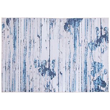 Area Rug Carpet Beige And Blue Polyester Fabric Abstract Distressed Pattern Rubber Coated Bottom 160 X 230 Cm Beliani