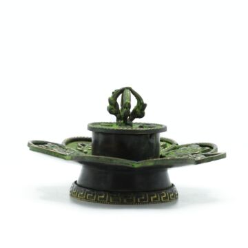 Brass Verdigris Tibetan Cone & Incense Holder - Eight Symbols