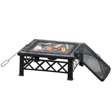 Outsunny 3 In 1 Square Fire Pit Square Table Metal Brazier For Garden, Patio With Bbq Grill Shelf, Spark Screen Cover, Grate, Poker, 76 X 76 X 47cm