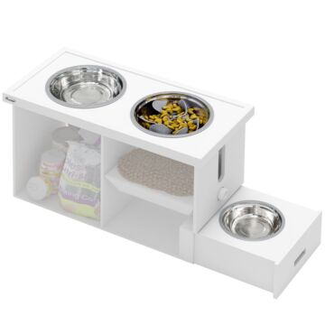 Pawhut Raised Dog Bowls W/ Slow Feeder Mat, Storage Cabinet, 3 Stainless Steel Bowls, Semi-auto Dispenser Function, White