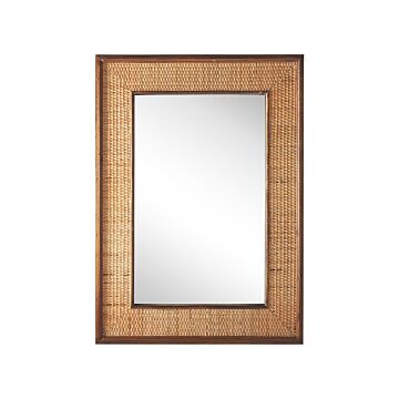 Wall Mirror Light Wood Rectangular 54 X 74 Cm Solid Wood Handmade Fir Frame Bamboo Basket Weave Boho Modern Beliani