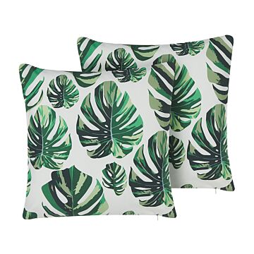 Set Of 2 Outdoor Cushions Green Polyester 45 X 45 Cm Monstera Leaf Print Pattern Garden Patio Beliani