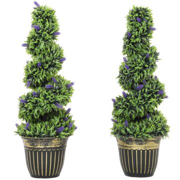 Homcom Set Of 2 Decorative Artificial Plants, Boxwood Spiral Topiary Tree With Lavender And Pot, Fake Plants For Home Indoor Outdoor Decor, 90cm
