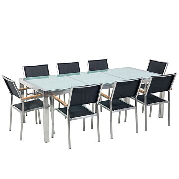 Garden Dining Set Black With Cracked Glass Table Top 8 Seats 220 X 100 Cm Beliani