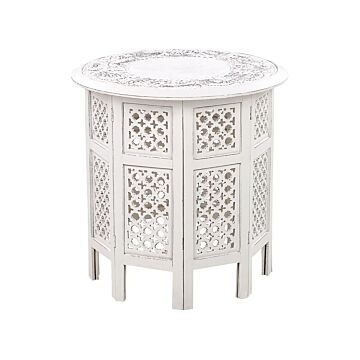Side Table White With Carved Pattern Distressed Effect Living Room Hallway Rustic Oriental Beliani
