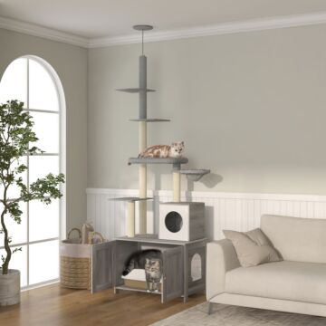 Pawhut Cat Tree With Hidden Litter Box, 2 In 1 Floor To Ceiling Cat Litter Box Furniture With Cat House, Bed, Hammock, Scratching Posts And Platforms, For Indoor Use, Grey