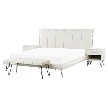 Bedroom Set White Eu King Size 5ft3 Bed 2 Bedside Tables Bed Bench Modern Headboard Beliani