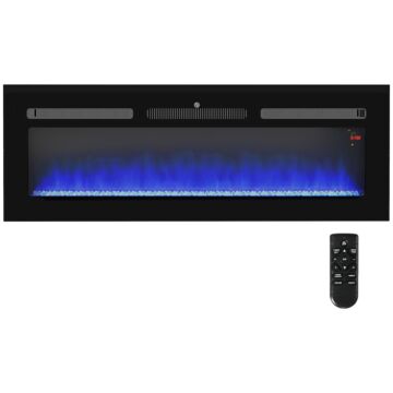 Homcom 127cm Electric Fireplace, 2000w Recessed And Wall Mounted Electric Fire With Remote Control, 9 Flame Colour And Crystal, Black