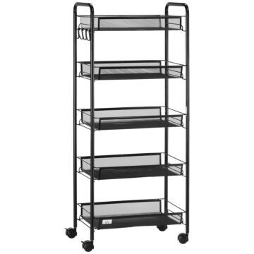 Homcom 5 Tier Utility Rolling Cart, Metal Storage Cart, Kitchen Cart With Removable Mesh Baskets, Laundry, Garage And Bathroom, Black