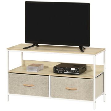 Homcom Tv Cabinet, Tv Console Unit With 2 Foldable Linen Drawers, Tv Stand With Shelving For Living Room, Entertainment Room, Maple Wood Effect