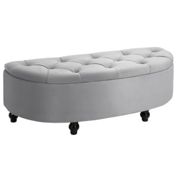 Homcom Semi-circle Storage Ottoman Bench Tufted Upholstered Accent Seat Footrest Stool With Rubberwood Legs For Entryway & Bedroom, Grey