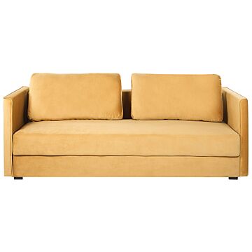 Sofa Bed Yellow Velvet 3 Seater Storage Compartment Removable Cushions Modern Beliani