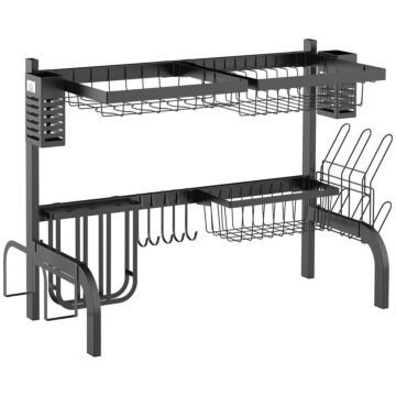 Homcom 65cm Over The Sink Dish Drainer Rack, 2 Tier Dish Rack For Kitchen Counter, Space Saving Dish Drying Rack, Black | Aosom Uk