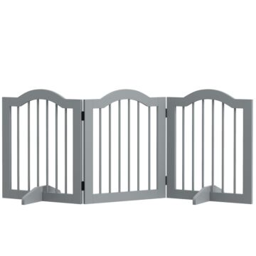 Pawhut 3 Panels Dog Gate W/ Support Feet Fence Safety Barrier Freestanding Wood Light Grey