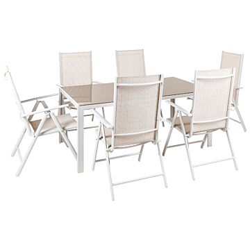 7 Piece Garden Dining Set Beige Powder Coated Frame Aluminium And Textilene Dining Table With 6 Foldable Chairs Modern Design Beliani