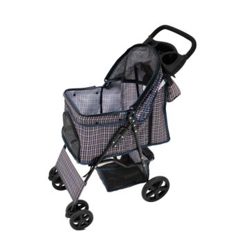 Pet Stroller With Rain Cover & Caddy Bag - Blue Tartan