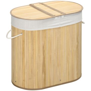 Homcom Bamboo Laundry Basket With Lid, 100 Litres Laundry Hamper With 2 Sections Removable Washable Lining Washing Baskets 62.5 X 37 X 60.5cm Natural