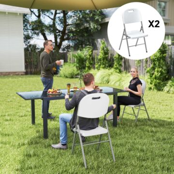 Outsunny Folding Chair Set Of 2 With Steel Frame, Outdoor Chair Set With Hdpe Backrest, Seat And Handles For Mobility, Garden Chair Set For Patio Deck Balcony, White