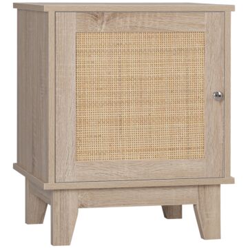 Homcom Nightstand, Bedside Table With Storage Cupboard, Side End Table With Rattan Element For Living Room, Bedroom, Natural