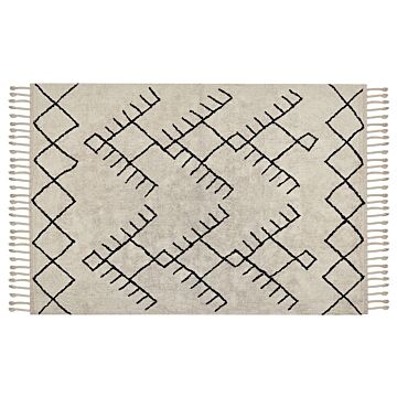 Area Rug Beige And Black Cotton 140 X 200 Cm Rectangular With Tassels Geometric Pattern Boho Style Beliani