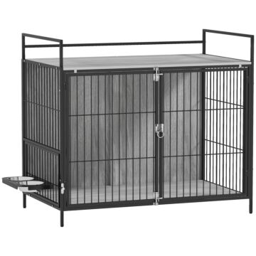 Pawhut Large Dog Crate Furniture With Rotating Bowl Holder, 2 Bowls, 2 Doors, For Large Dogs, 100 X 60 X 88 Cm, Grey