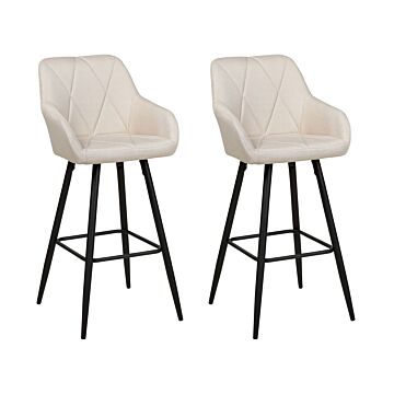 Set Of 2 Bar Stool Light Beige Fabric Upholstered With Arms Quilted Backrest Black Metal Legs Beliani