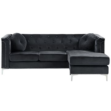 Corner Sofa Black Velvet Upholstered 3 Seater Left Hand L-shaped Glamour Additional Pillows With Tufting And Nailhead Trims Beliani