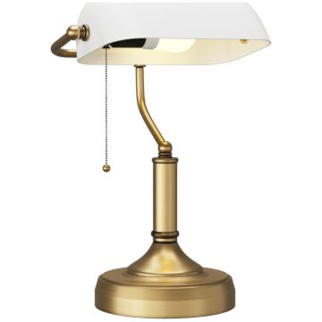 Homcom Banker's Desk Lamp With Antique Bronze Tone Base, Table Lamp With White Glass Shade For Home Office, White