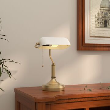 Homcom Banker's Desk Lamp With Antique Bronze Tone Base, Table Lamp With White Glass Shade For Home Office, White