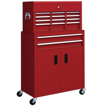 Homcom Portable Tool Box, Metal Tool Chest On Wheels With 6 Drawers For Garage And Workshop, Red