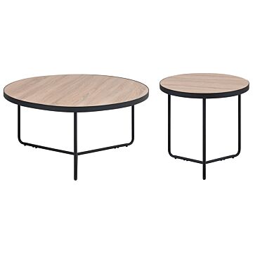 Set Of 2 Coffee Tables Light Wood Tabletop Black Metal Legs Round Medium And Large Living Room Furniture Beliani