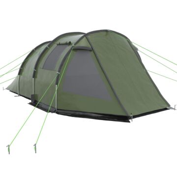 Outsunny Two Room Tunnel Tent Camping Tent For 3-4 Man With Windows, Covers, Carry Bag, For Fishing, Hiking, Sports, Green