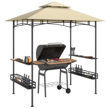 Outsunny 8' X 5' Grill Gazebo Canopy, Double Tiered Outdoor Bbq Gazebo Shelter With 2 Side Shelves, Storage Baskets, Hook For Garden, Patio, Barbecue, Picnic, Beige