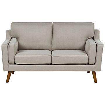 2 Seater Sofa Beige Fabric Oak Wood Legs Classic Mid-century Living Room Beliani
