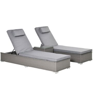 Outsunny 3 Piece Rattan Sun Lounger Set, Garden Furniture With Side Table, 5-position Adjustable Recline Chair, Grey