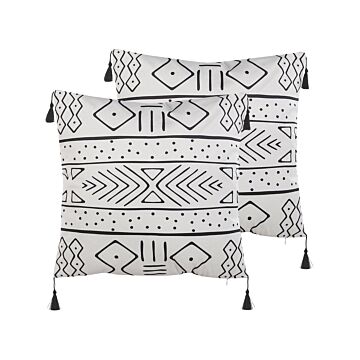 Set Of 2 Cushions White And Black Polyester Cover 45 X 45 Cm Decorative Pillows Geometric Pattern Beliani