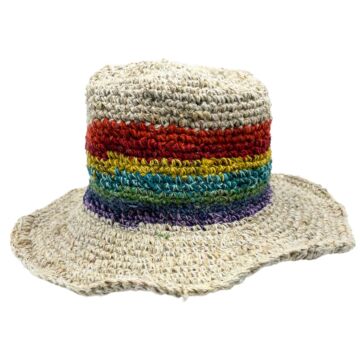 Hand-knited Hemp & Cotton Boho Festival Hat - Rainbow