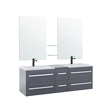 Bathroom Vanity Unit Grey And White Drawers Two Mirrors Modern Beliani