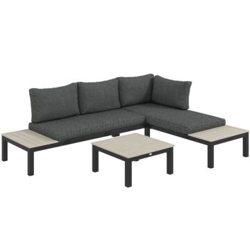 Outsunny 3 Pieces Garden Furniture Sets, Aluminium Outdoor Corner Sofa Set With 2 Loveseat And Coffee Table With Cushions For Garden, Dark Grey