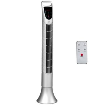 Homcom 36'' Freestanding Tower Fan, 3 Speed 3 Mode, 7.5h Timer, 70 Degree Oscillation, Led Panel, 5m Remote Controller, Silver