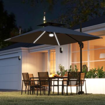Outsunny 2.5m Cantilever Parasol With Solar Powered Led Lights, 360° Rotation, Tilt Adjustment, Crank Handle, Dark Grey